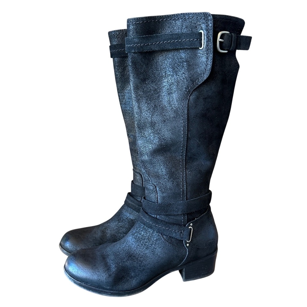 UGG Tall Black Leather Moto Boots 1004172 Womens 9.5 Buckle Plaid Lining